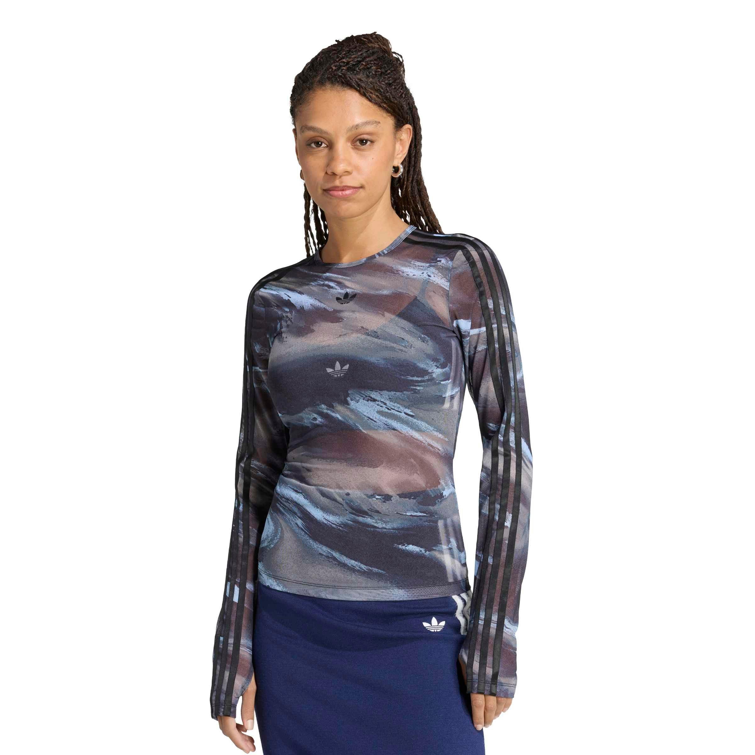 adidas Originals Women's All Over Print Graphic Mesh Shirt - Olive/Grey - OLIVE/ GREY
